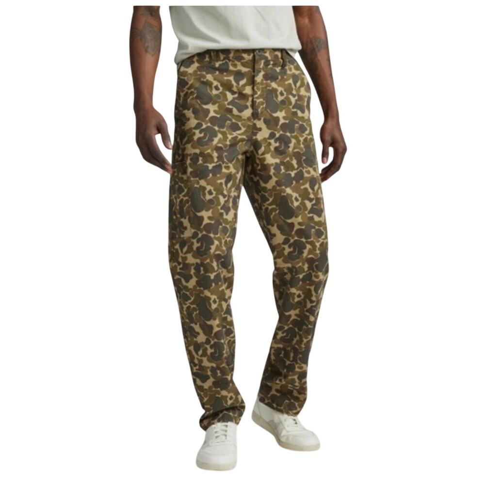 EVERLANE Men’s Linen Blend Army Green Camo Straight Leg Cargo Pants